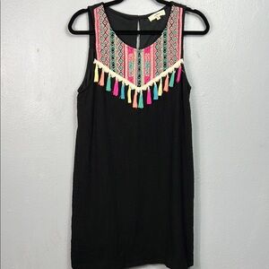 Entro Black Tassel Trim Sleeveless Gauze Mini Dress Medium